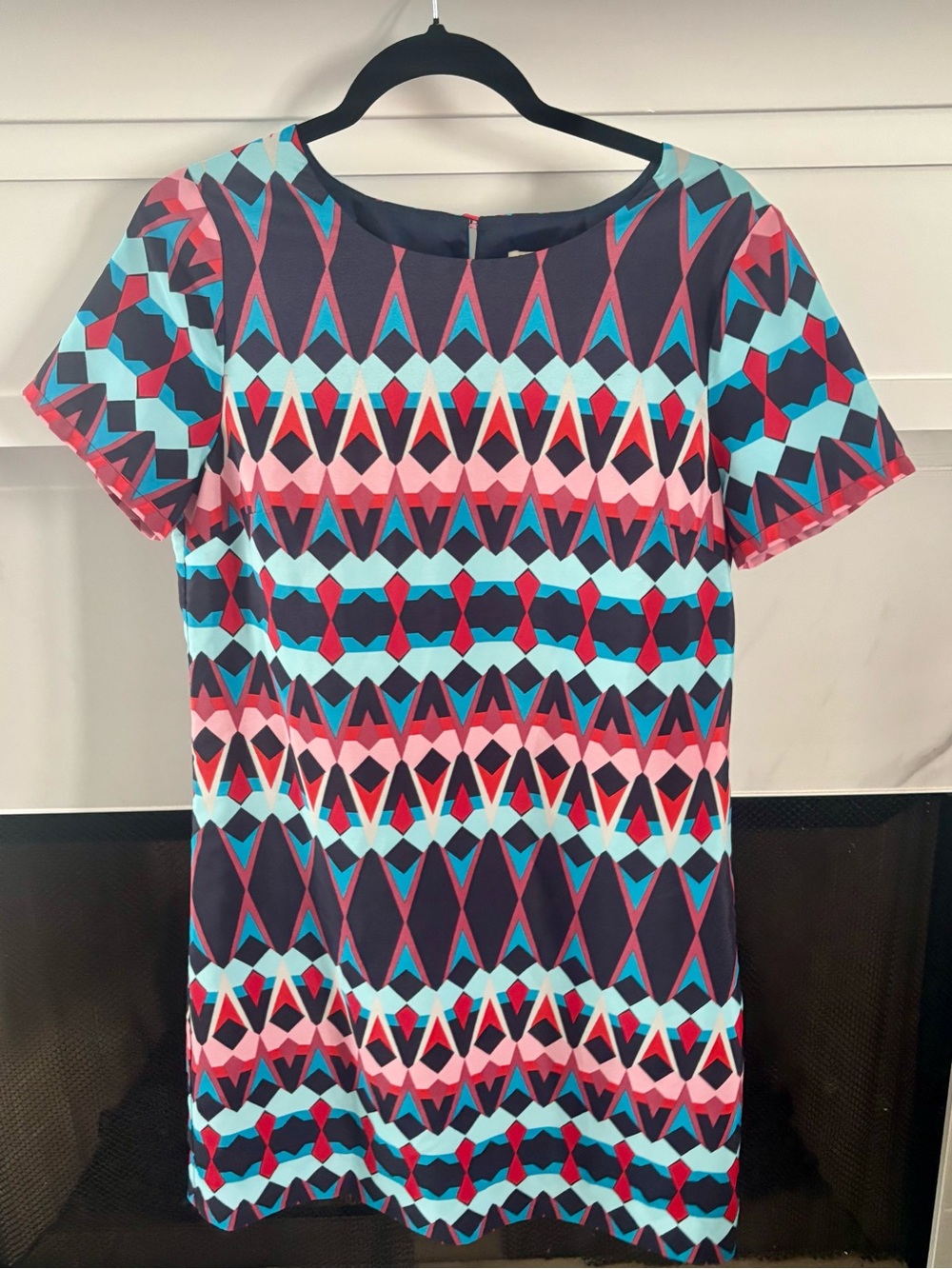 J. Crew Navy Geometric Shift Dress with Aqua and Pink Accents size 6